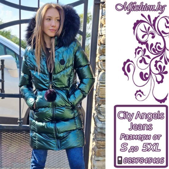 Дълго дамско яке City Angels Jeans, Тъмно зелен лак, 6833